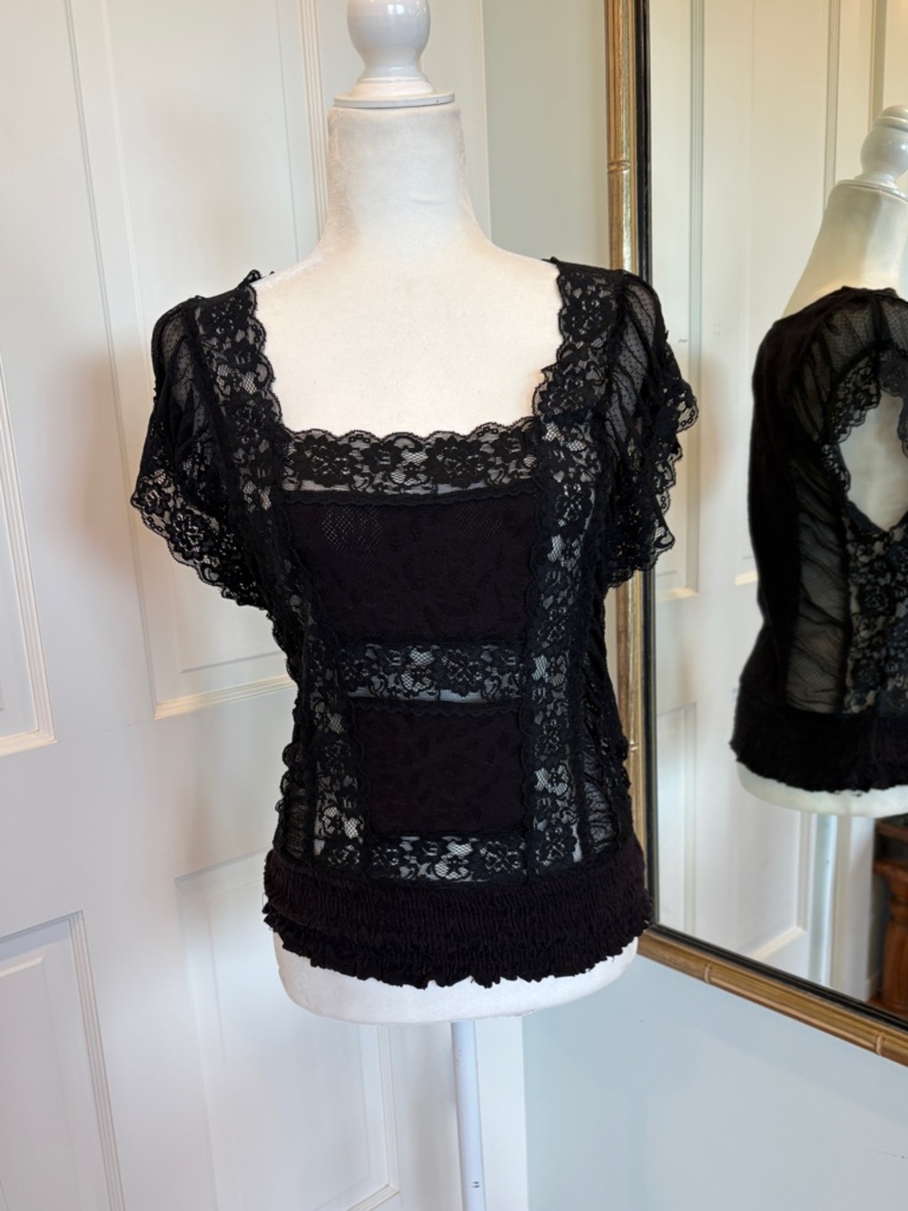 Free People Black Knit Top with Lace Trim